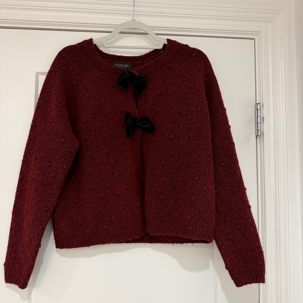 Rachel Zoe Burgundy Bouclé Cardigan with Velvet Bows